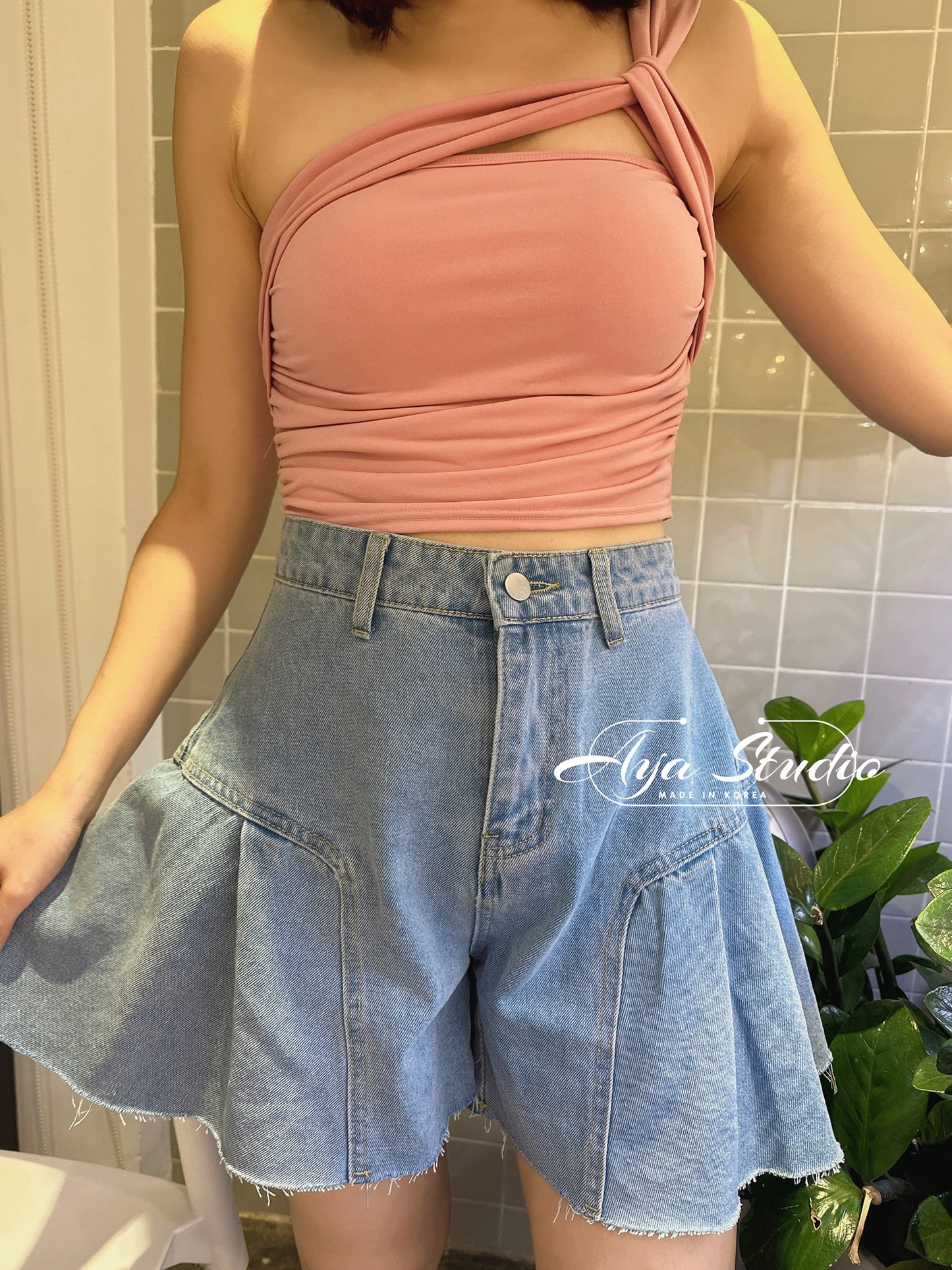 High Waist A Line Denim Short