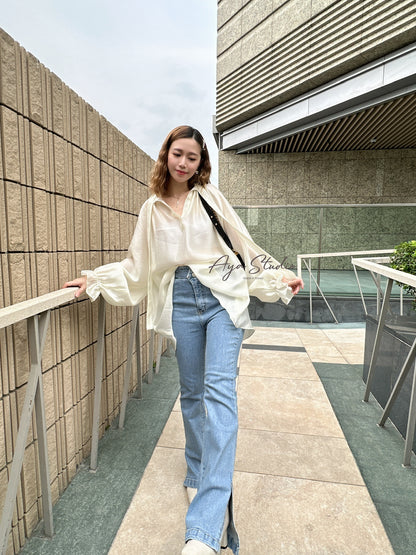 Glossy Blouse with Puff Sleeves