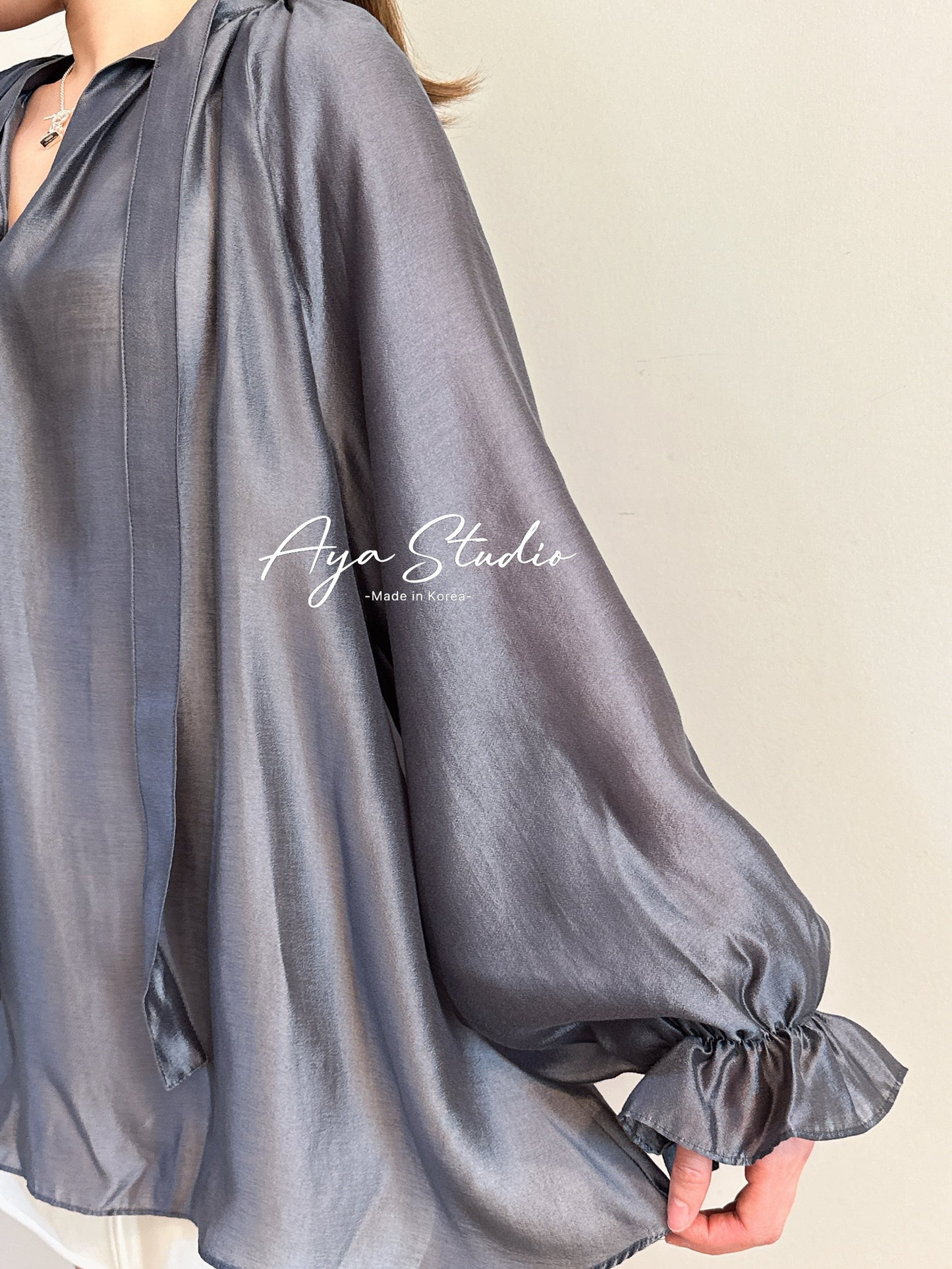 Glossy Blouse with Puff Sleeves